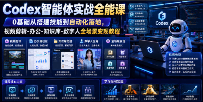 Codex智能体实战全能课|0基础从搭建技能到自动化落地,视频剪辑-办公-知识库-数字人全场景变现教程-趣咪跨境