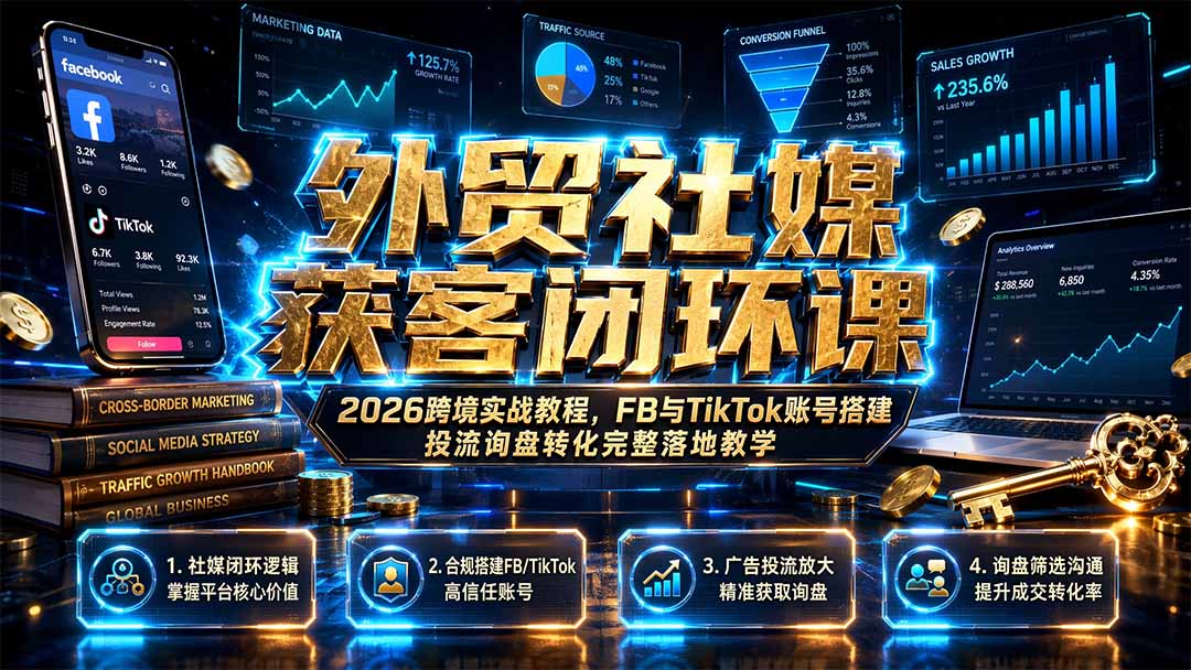外贸社媒获客闭环课,2026FB与TikTok账号投流询盘转化实战 - 图片
